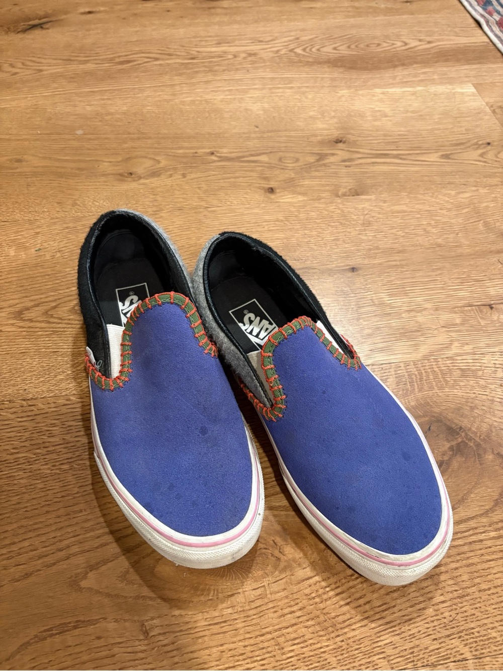 Vans Slip-On Suede Loafers in Blue with Multicolor Stitching